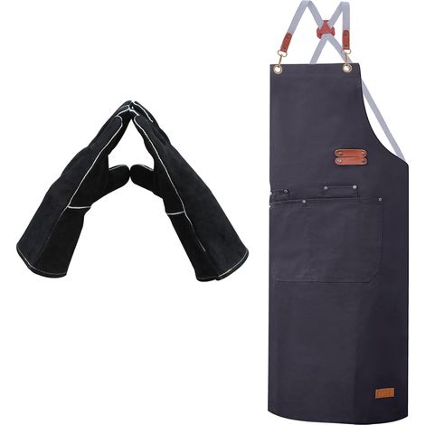 Tablier de barbecue réglable avec poches pratiques et gants de barbecue résistants à la chaleur - Ensemble de gants de barbecue idéal pour le barbecue et la cuisine - Tablier de cuisine noir (1/5)