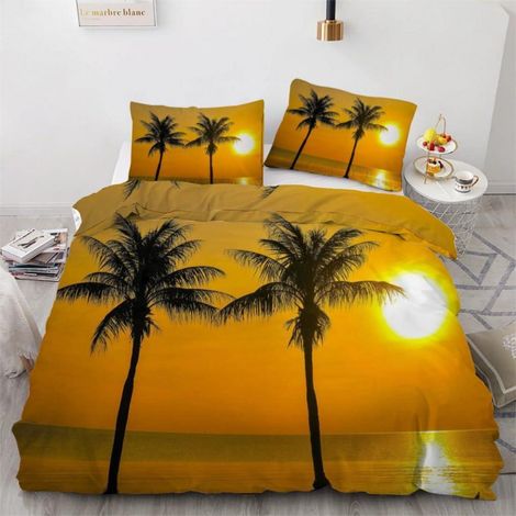 Bettwäsche-Set 200x200 cm 3-teilig Mikrofaser mit Palmen-Motiv und Reißverschluss