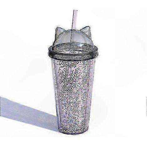Gobelet à paillette à oreilles de chat, 420 ml, double paroi, sans BPA, gobelet en plastique réutilisable, gris. (1/4)