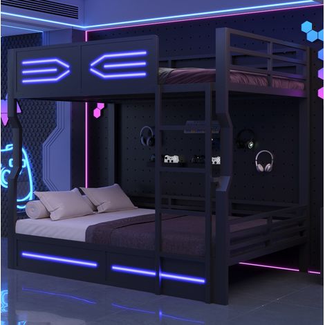 Cama litera de metal 140 x 200 cm con LED, escalera recta y barandillas altas, negra (1/5)