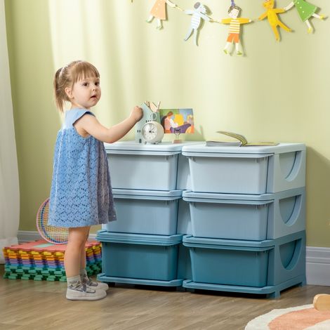 Commode de rangement pour chambre d'enfant, 6 tiroirs, boîte en plastique bleue, organiseur de jouets