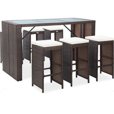 7-tlg. Gartenbar-Set mit Auflagen Poly Rattan Braun