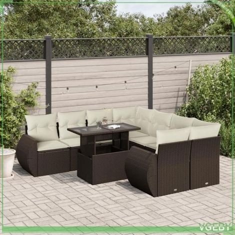 Salon de jardin 9 pièces - FAF7291712423796 - Résine tressée marron - Coussins déhoussables blanc crème - Table réglable (1/5)