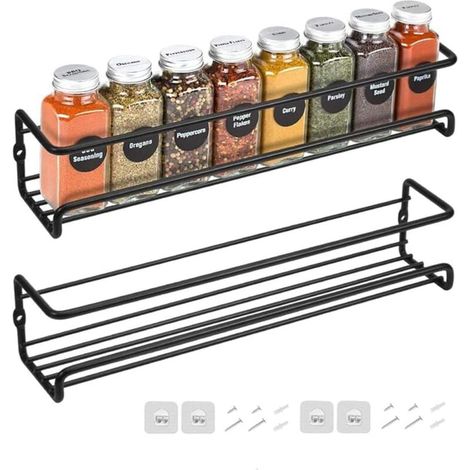Set aus 2 schwarzen, wandmontierten Gewürzregalen aus Metall, mit Klebe- oder Schraubbefestigung. (1/4)