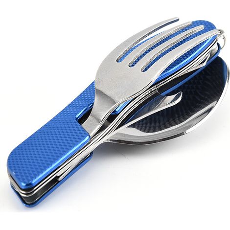 Set di 2 tovagliette da viaggio portatili, 4 posate (forchetta, cucchiaio, apribottiglie) con manico in alluminio - Blu (1/5)