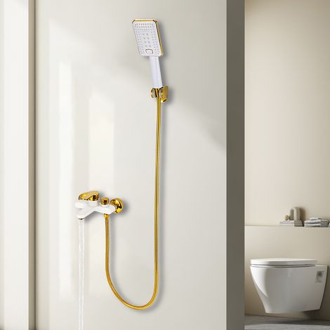 Robinet de baignoire avec douchette, mitigeur de baignoire pour salle de bains – Blanc et doré (1/5)