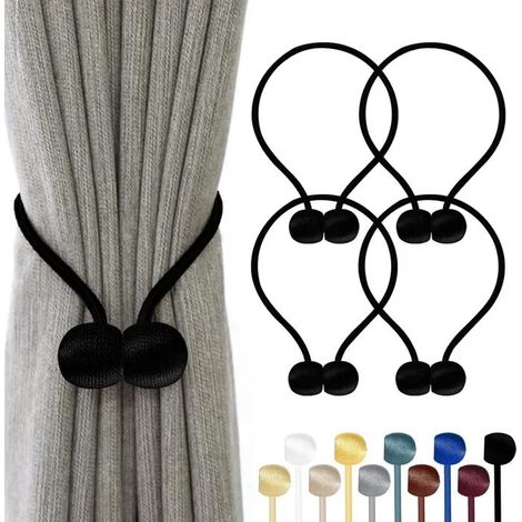 Lot de 4 embrasses rideaux magnétiques, 10 couleurs, corde polyester renforcée – pour salon, chambre, salle à manger & - Noir 4 PCS (1/5)