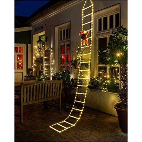 Noel Guirlande Lumineuse Electrique, Échelle avec le Père Noël, 8 Modes, Fonction Mémoire Minuteur, Étanche, pour Decoration Label