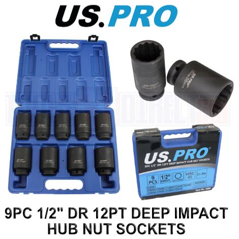 US PRO Hub Nut Deep Impact Socket Set 29mm - 36mm 9Pc 1/2"" Socket 12 Point 3688 (1/4)