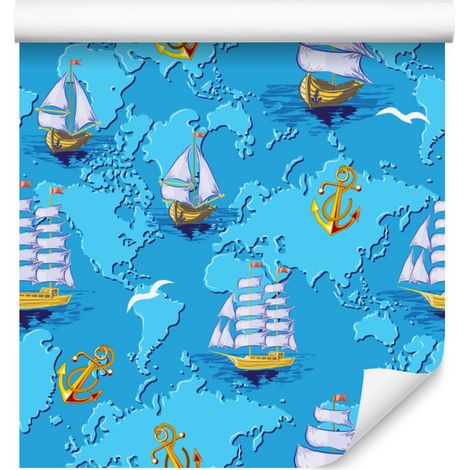 Papier peint représentant des bateaux colorés sur une carte du monde, pour salon et chambre, 50 x 1000 cm (1/5)