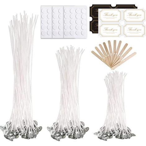 Mèche À Bougie - Coton Naturel - Longueurs 9 cm 10 cm 20 cm - Avec Support En Bois Et Adhésif Double Face - Pour Fabrication Maison De Bougies