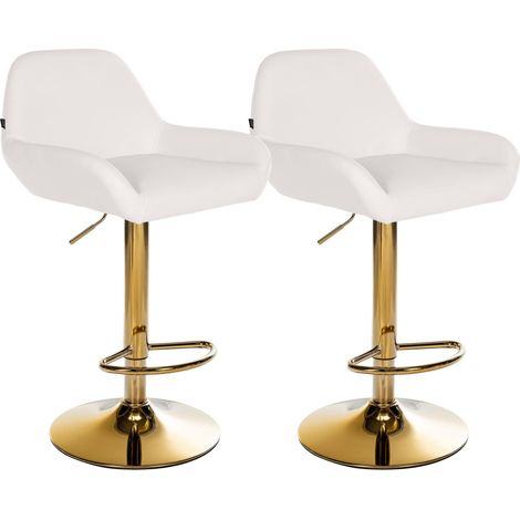 Set di 2 sgabelli da bar con poggiapiedi ad arco in metallo dorato, seduta in PVC bianco TDB10800