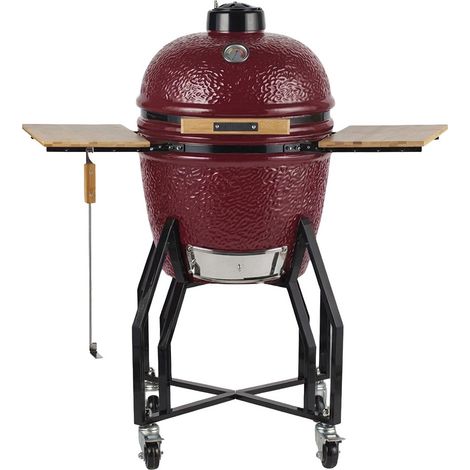 Barbecue à charbon de bois Céramique Kamado Rouge 2 zones de cuisson Grill & Fumoir Ø56cm - Barbecue mobile + 2 tablettes INTEC (1/5)