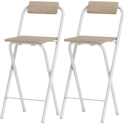Lot de 2 tabourets de bar pliables dossier repose-pieds acier effet bois naturel 87 cm