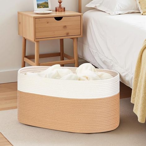 Laundry Basket, Cotton Rope Storage Basket, Baby Toy with Handles, (Jute and White) (1/4)
