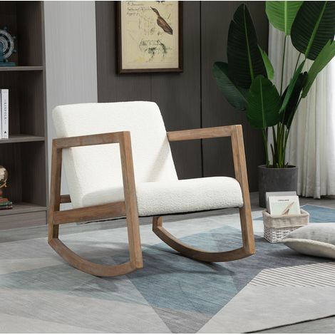 Fauteuil à bascule 60x81x71 cm blanc crème en polyester avec structure en bois d’hévéa rembourré (1/5)