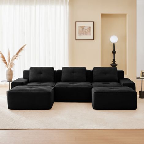 Canapé Cloud modulable noir 3 places en velours côtelé, canapé U sans accoudoirs avec ottoman, assise profonde en mousse haute densité, sofa moderne sans montage pour salon (1/5)