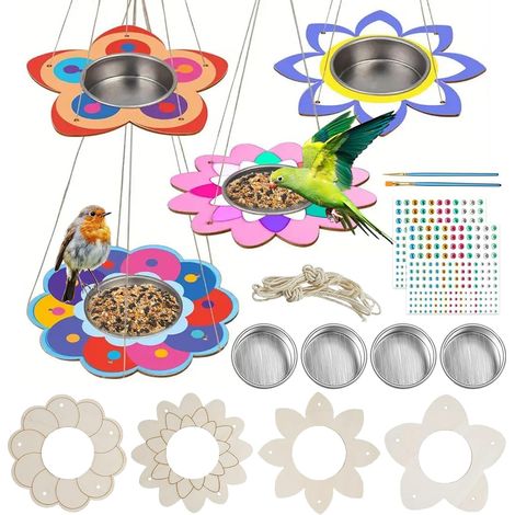 JSSEVN-4 Pack Mangeoire Oiseaux Exterieur, Bird Feeder Mangeoire à Oiseaux Sauvages, Maison D'oiseau en Bois Bricolage Kit pour Majorité Cadeau (1/5)