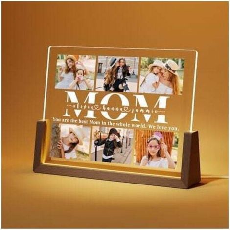 Lampe personnalisée acrylique avec photo – 20 x 16,5 cm – Base en noyer naturel – Éclairage LED faible consommation – Cadeau fête des mères (1/3)