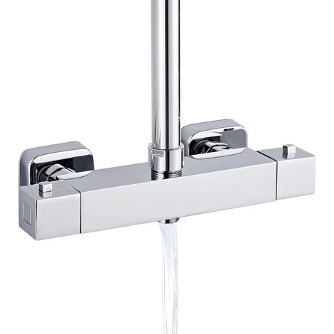Duscharmatur Mit Thermostat, Armatur Dusche, Mischbatterie Dusche Mit 2 Auslässen, 3/4" BSP (26,4 mm) Auslass Oben und 1/2" BSP (21 mm), Quadratische Form, Verchromt