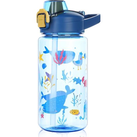 Kinder Trinkflasche 600ml mit Strohhalm, auslaufsicher, BPA-frei, blau Kaninchen (1/5)