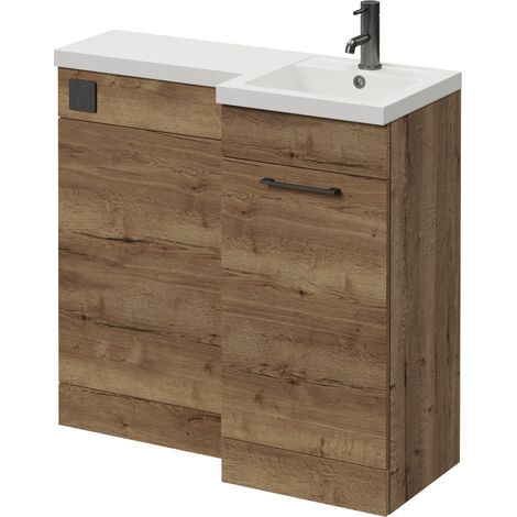 Napoli 390 Tobacco Oak 900mm Single Door Vanity Unit Toilet Suite with Right Hand Square Lucia Basin - 900mm - Gunmetal Grey 160mm HandleWithout Kingston Toilet Pan