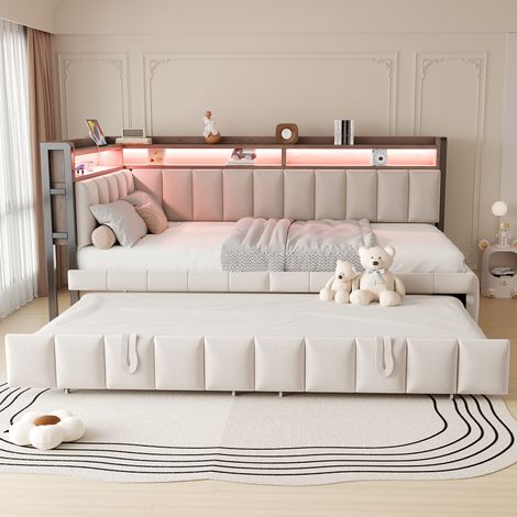 Sofá cama nido 90x200 cm de terciopelo beige con LED, ahorra espacio, sin colchón – MEUBLIV (1/5)