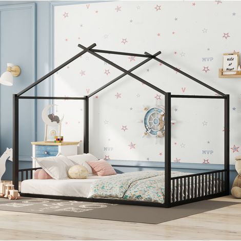 Cama infantil de metal negra 140x200 cm con diseño de casita y somier de láminas (1/5)