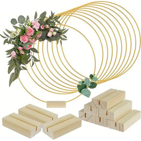 Anneau métallique de 30 cm, anneau métallique avec base, anneau métallique doré avec support en bois, peut être utilisé pour la décoration de table de mariage à faire soi-même, décoration murale (1/5)
