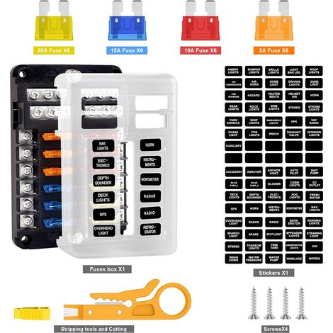 12 Way Fuse Box, Fuse Holder with Negative Bus, Fuse Blocks Blade with 16 Fuses 12 LED Indicators Protective Cover for 12V/24V Car Automobile Boat Marine Truck SUV (1/5)