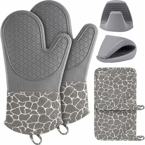 Silicone antidérapants Résistants à la Chaleur 2 Gants 2 maniques 2 Pinces à Main pour Cuisine, Four, Micro-Ondes, Barbecue, pâtisserie (Gris) (1/5)
