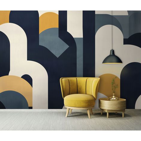 Vlies Fototapete Abstrakt 150x105 cm, Tapeten, für Wohn und Schlafzimmer, Vliestapete Wandtapete Tapete 3D Effekt- inkl. Kleister - Geometrisch Gelb Blau, WallArena (1/4)