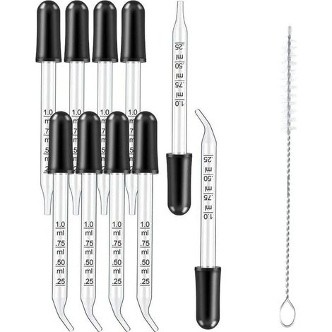 Glaspipetten, kalibrierte Glaspipetten mit geraden und abgewinkelten Spitzen, graduierte Glaspipette (1 ml), mit Reinigungsbürste, für ätherische Öle, Kunstmalerei und Laborzwecke, 11 Stück (1/4)