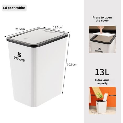 Poubelle en plastique grande capacité avec couvercle, en gros, pour dortoir, salon, cuisine, salle de bain, avec espace intercalaire spécial pour toilettes (poubelle blanc nacré) (1/5)