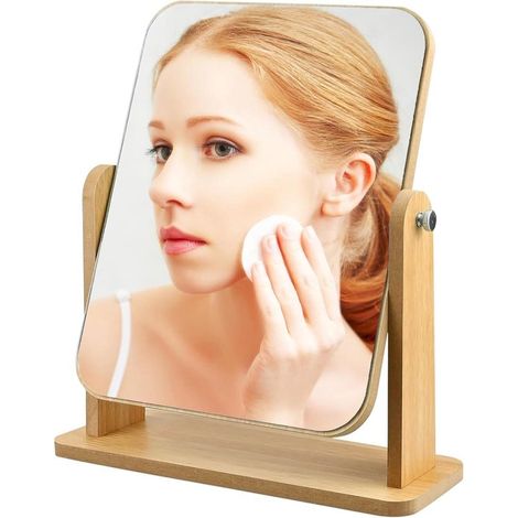 Miroir de table pivotant – Bois – 360° rotation – Maquillage et rasage – Décoration bureau (1/5)
