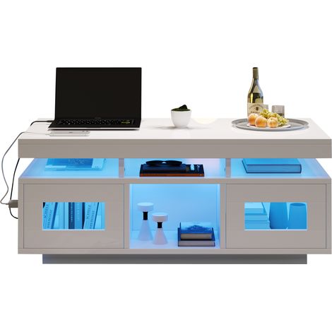 CHICFURN Mesa de centro 100 x 50 x 43 cm blanca lacada, LED con app, USB y almacenaje (1/5)