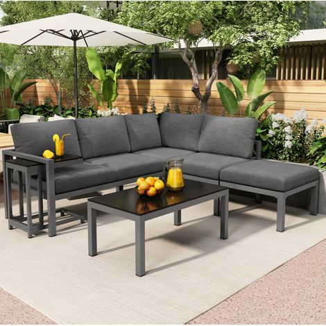 Set di mobili da giardino in ferro zincato grigio, 5 pezzi con 2 divanetti, 1 poltrona, tavolo in vetro e tavolino (1/5)