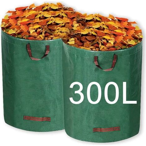 Lot de 2 sacs poubelle de jardin réutilisables de 300 l avec poignée pour ramasser les plantes, les déchets et les feuilles (1/5)