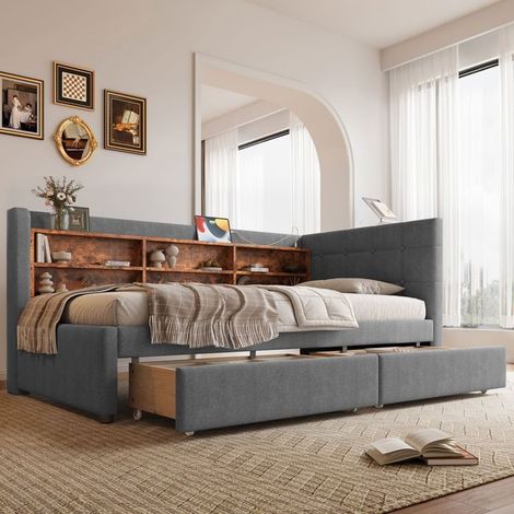Lit coffre 90x200, rangement intégré lit une personne, structure bois massif, ports usb et type-c, sommier inclus (1/5)