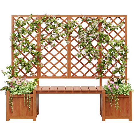 Jardinière bois sapin brun – Treillis grimpeurs, siège, spacieux, jardin/cour/terrasse