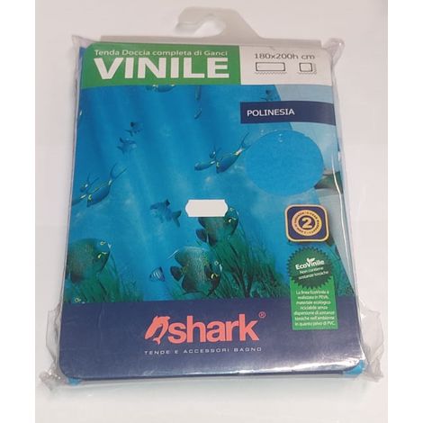SHARK - TENDA DA DOCCIA COMPLETA DI GANCI IN VINILE LINEA POLYNESIA 180x200h cm - COLORE AZZURRO CON PESCI