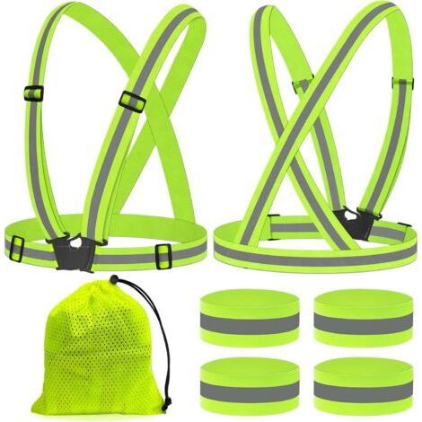 2 Pièces Gilet de Sécurité vélo +4 Pièces Bracelets de Sécurité, Harnais de Reflechissant Réglable Gilet Fluorescent Unisexe pour La Course, Le Vélo, La Motodengyank (1/5)