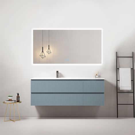 Mobile bagno sospeso cannettato 140 cm Blu Avio Lavabo a Sinistra in Resina Specchio Quadro Retroilluminato - Fiji Paint (1/4)
