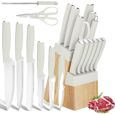 Juego de cuchillos de cocina, 14 piezas, diseño ergonómico, blanco. (1/2)