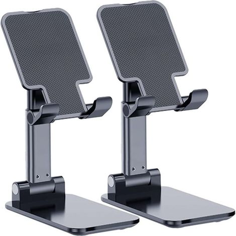 Set di 2 supporti premium per telefono/tablet da tavolo/scrivania, universali, pieghevoli e portatili, neri. (1/5)