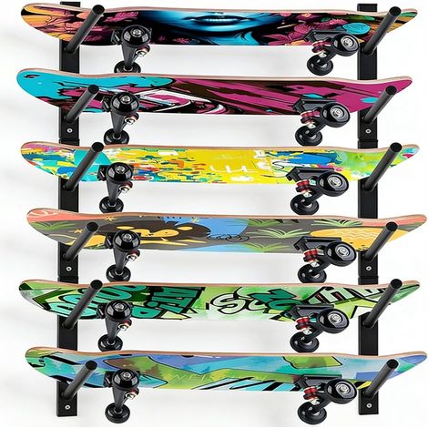 Support Mural pour Skateboards, Porte-Skateboards à 6 Niveaux étagère en Acier Noir Support De Rangement Mural Universel pour 6 Skateboards Longboards Snowboards Et Wakeboards (1/5)