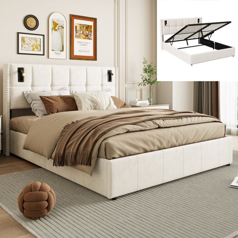 Lit coffre 160x200,lit 160x200 avec sommier à lattes,lit double capitonné,lit adulte,liseuse intégrée,tissu en velours,Beige (1/5)