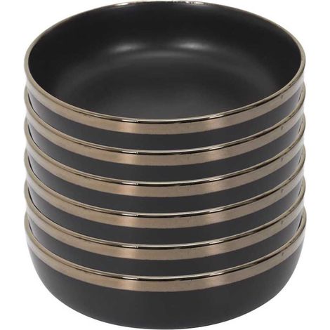 Altobuy – Set de 6 assiettes creuses noires en céramique – Liseré doré – Ø18cm – Élégance intemporelle pour dîners sophistiqués (1/3)