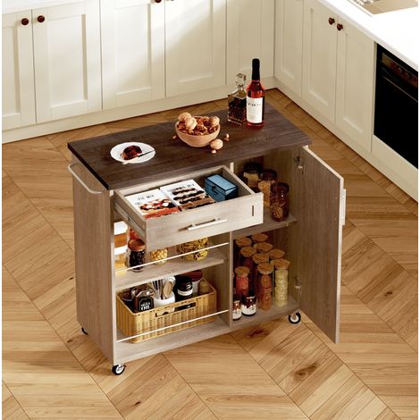 Chariot de cuisine roulante avec plateau effet bois Sonoma chêne, tiroir, placard et étagères ouvertes, 90x62x90 cm (1/5)