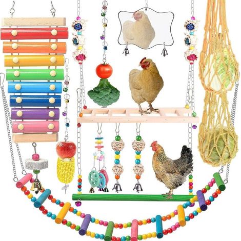 Giocattoli per pollaio, set di 12 giocattoli educativi per galline, tra cui xilofono, altalena, specchio giocattolo, scala flessibile, sacchetto a rete per verdure e mangiatoia sospesa, accessori per 